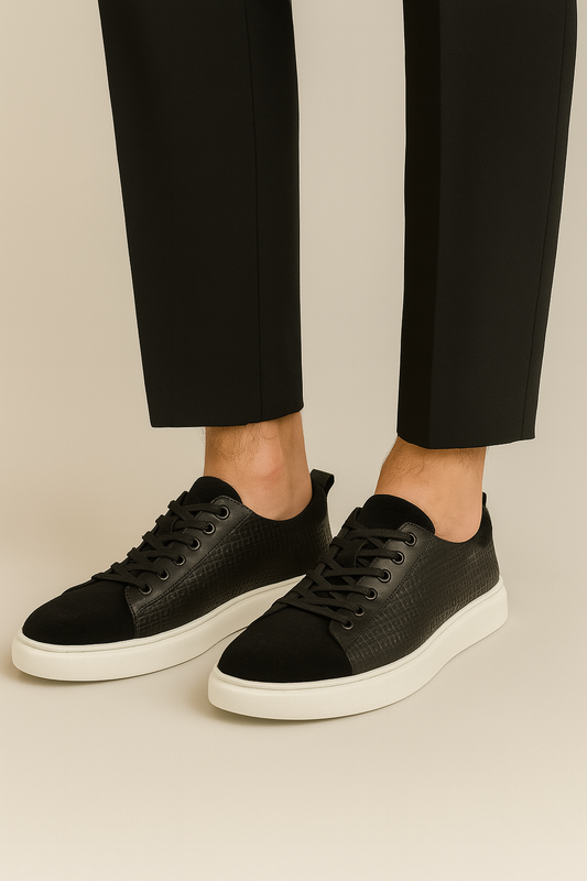SDL Premium Black Low-Top Sneakers – Textured Leather & Suede