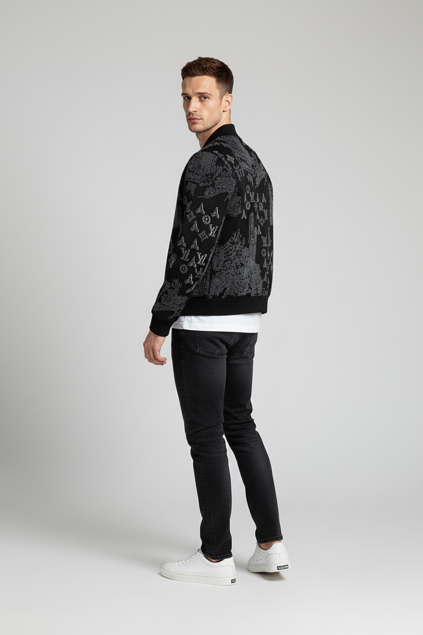 Allover Jacquard Zip-Up Knit Jacket