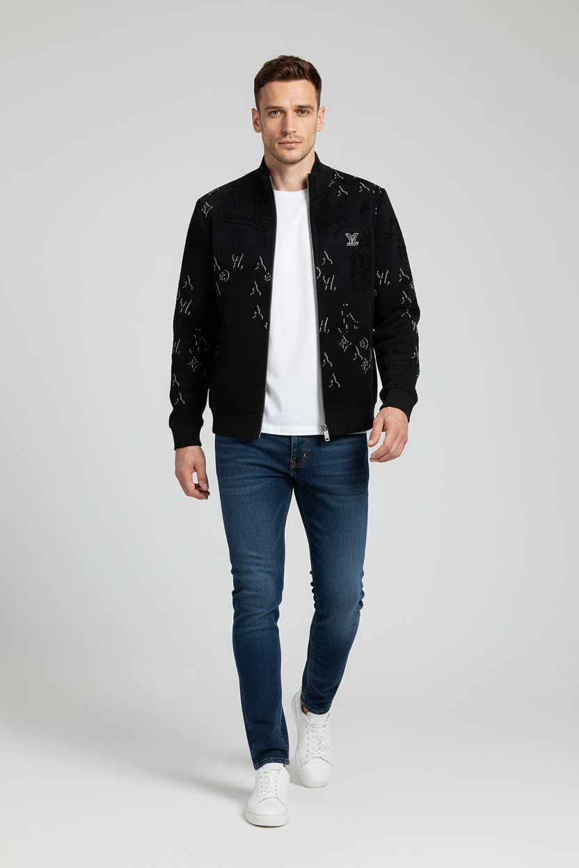 Allover Jacquard Zip-Up Knit Jacket