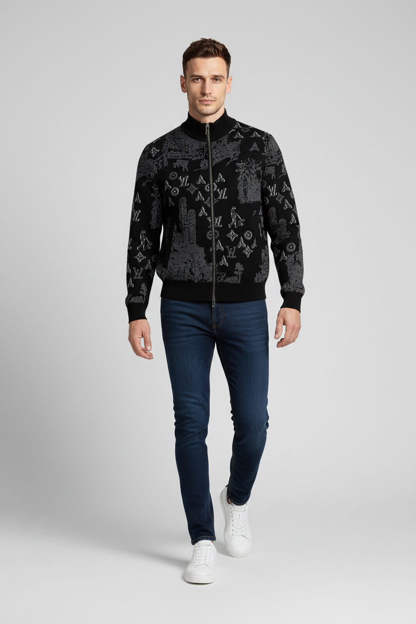 Allover Jacquard Zip-Up Knit Jacket