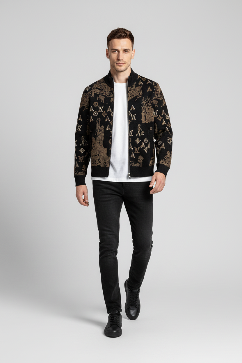 Allover Jacquard Zip-Up Knit Jacket