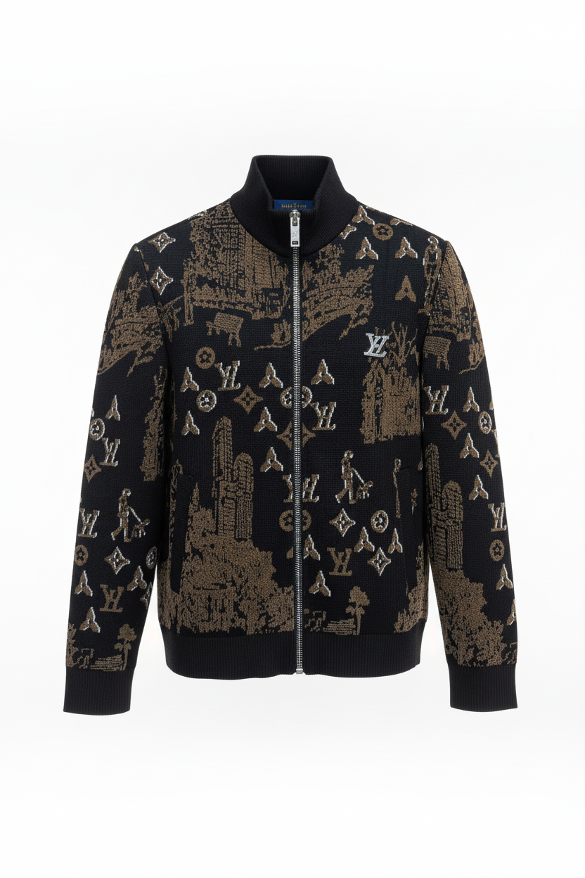 Allover Jacquard Zip-Up Knit Jacket