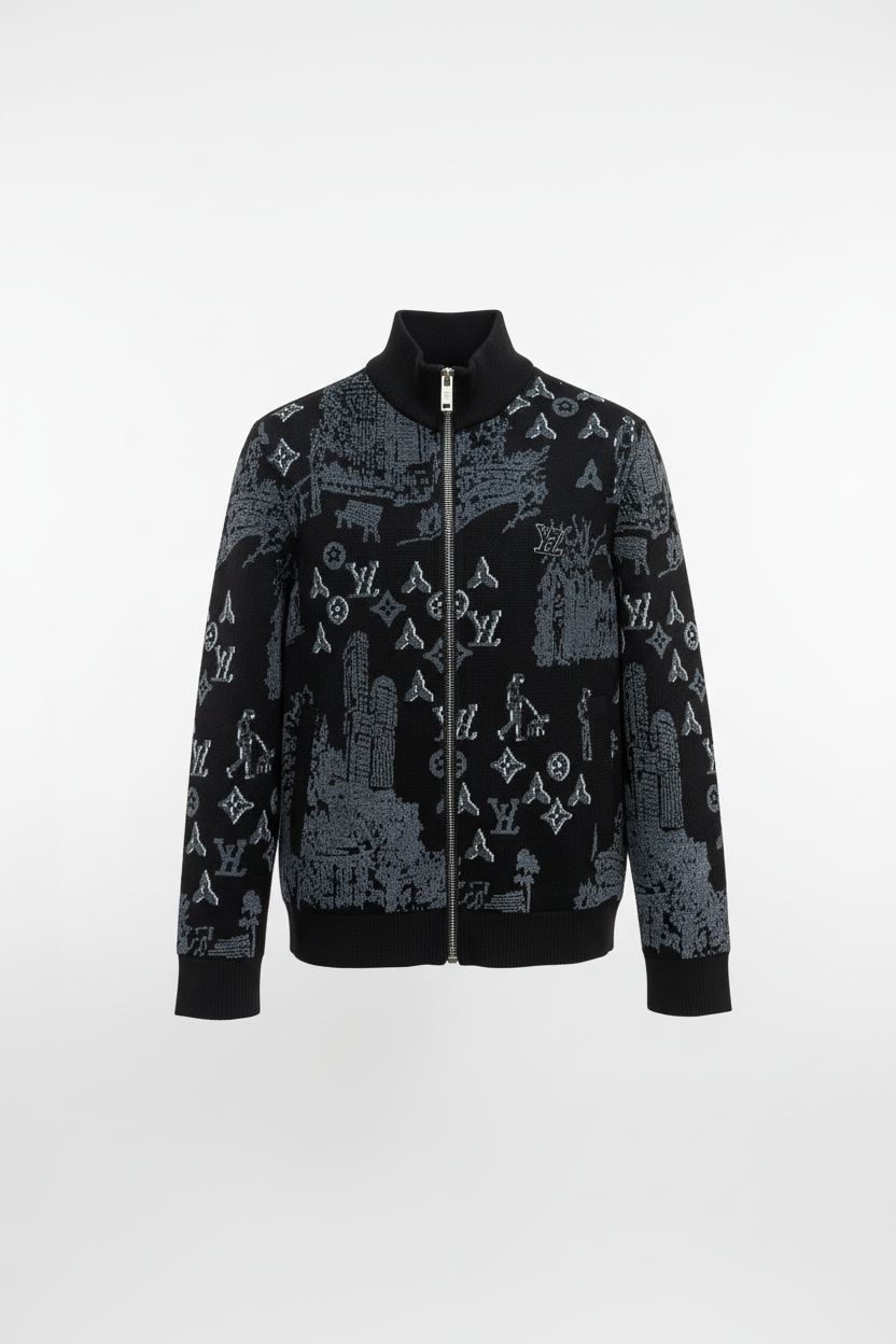 Allover Jacquard Zip-Up Knit Jacket
